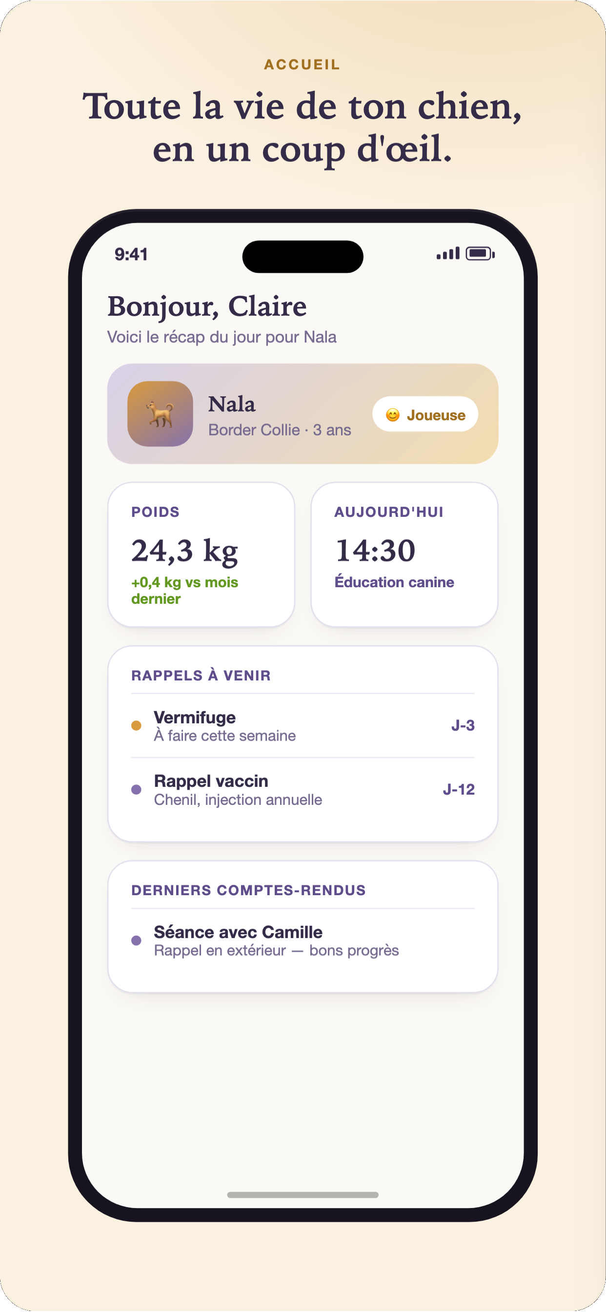 Écran d'accueil Caninome — récap du jour pour Nala