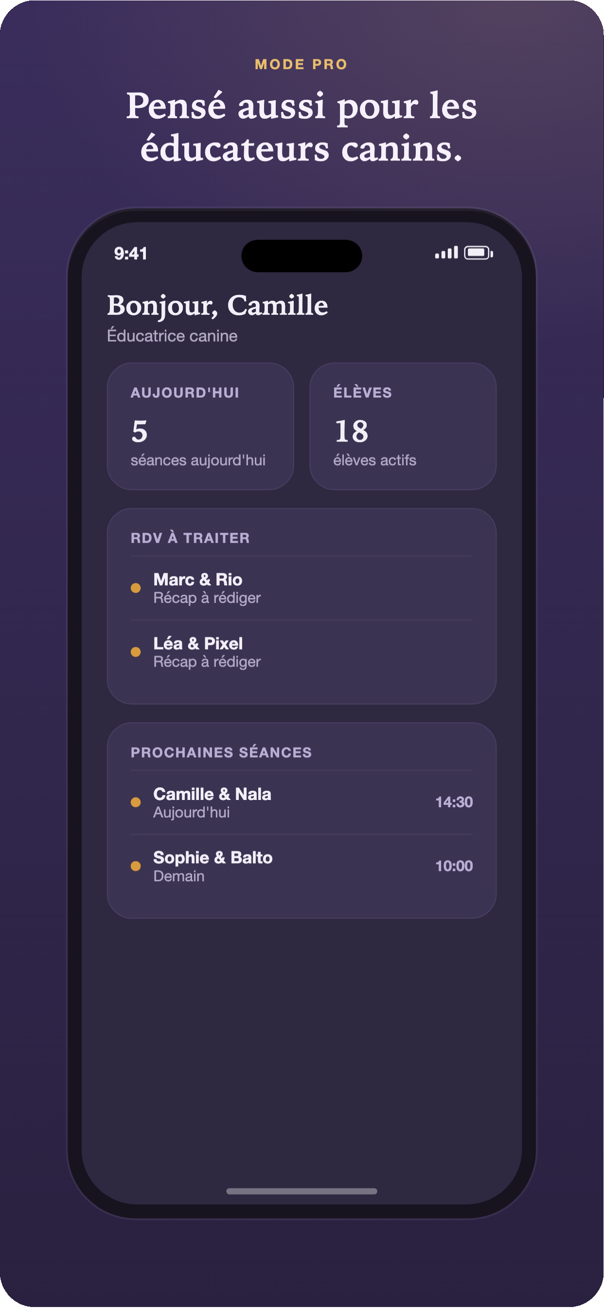 Écran mode pro Caninome — tableau de bord éducateur